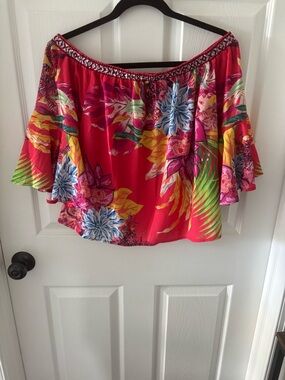 Flying Tomato Red Off-Shoulder Floral Blouse